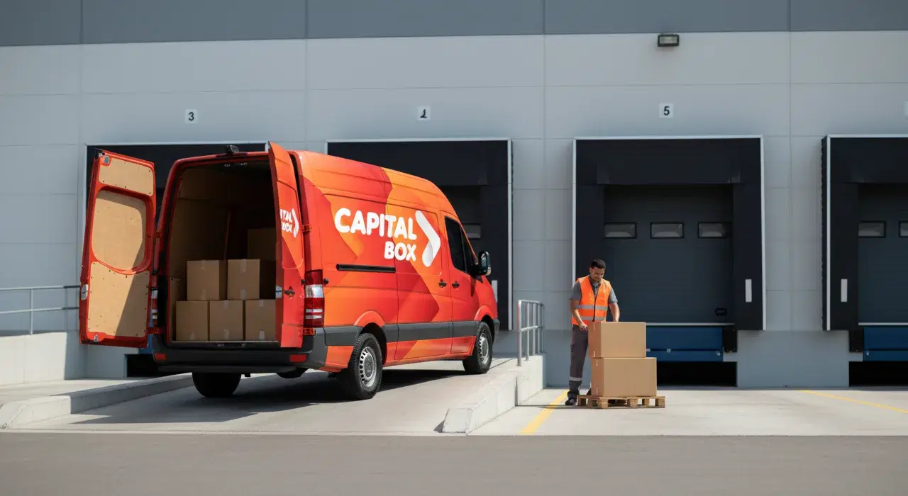 Camioneta de Capital Box cargando cajas en el dock del depósito