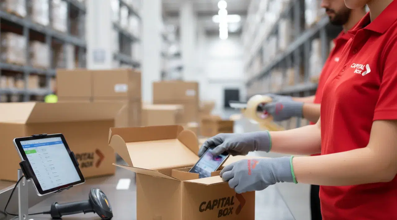 Operario de Capital Box escaneando una caja en la mesa de preparación
